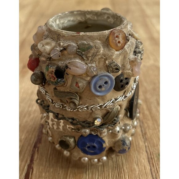 American Folk Art Decorative Memory Art Jar Vase Cup 4" H Handmade - Picture 2 of 4